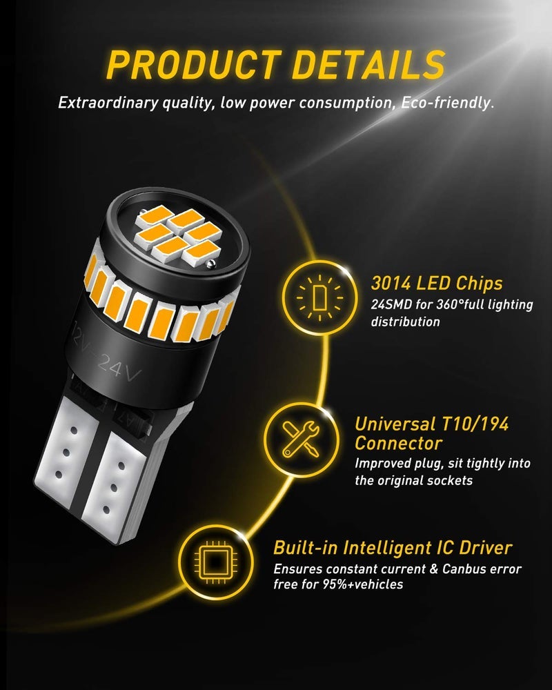 AUXITO 194 LED Bulb Amber Yellow 168 2825 W5W T10 Wedge 24-SMD 3014 Chipsets Replacement Bulbs for Car Dome Map License Plate Courtesy Step Lights (Pack of 2) - Image 1